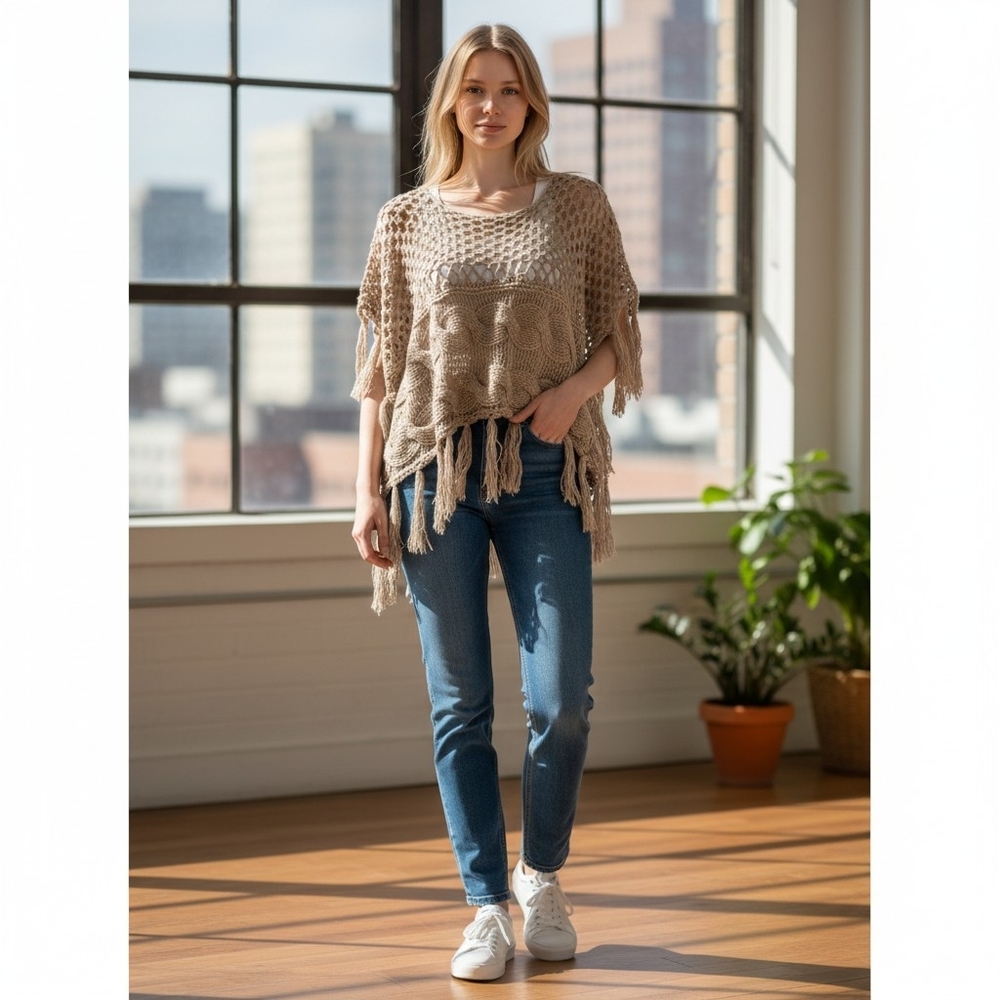 Ya Los Angeles Beige Fringed Sweater